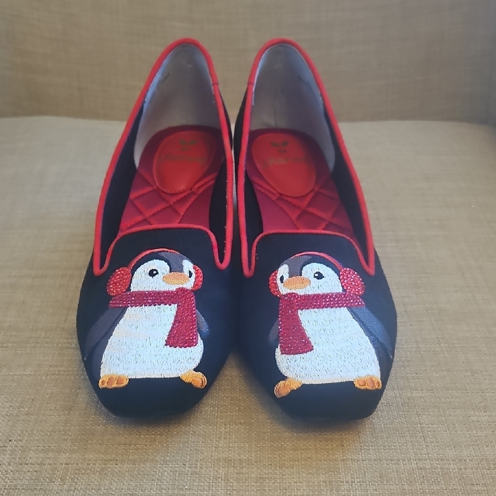 J.Renee Black Slip-On Flats with Red Trim and Penguin Embroidery